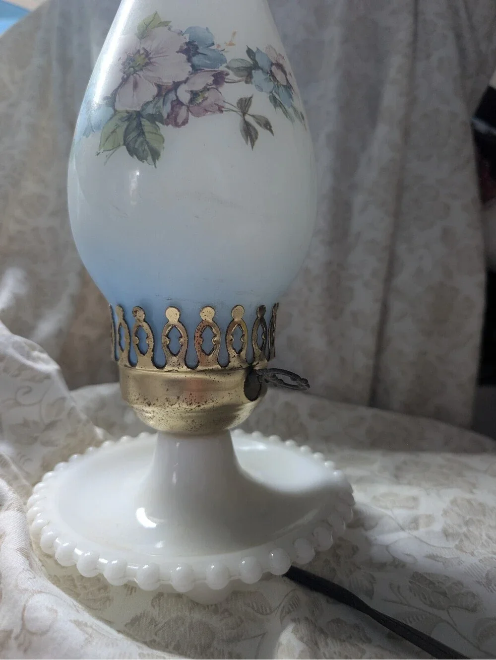 Vintage Milk Glass Electric Table Lamp with Floral Design